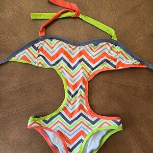 BCA by Rebecca Virtue Chevron Monokini One Piece Swimsuit - Orange & Lime Green